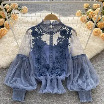 2022 Femei Primavara Plasă de Dantelă Topuri de Moda Bluza Sexy Pur Lantern Maneca 3D Florale Bluze Camasi Elegante de Sus Blusas Femininas