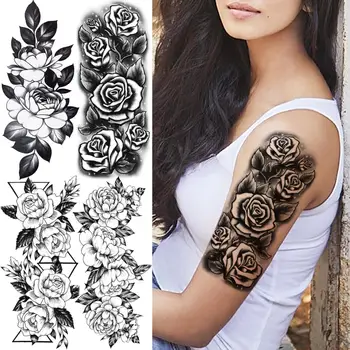 3D Flori de Trandafir Negru Brațul Tatuaje Temporare Pentru Femei Adulte Fata Geometrice Bujor Tatuaj Fals Coapsei Impermeabil Jumătate Maneca Tatoo