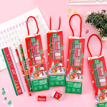 5Pcs/Set Crăciun Papetărie Set Creion, Riglă Radieră, Ascuțitoare de creioane Drăguț Set Portabil de Papetărie Cutie de Cadou