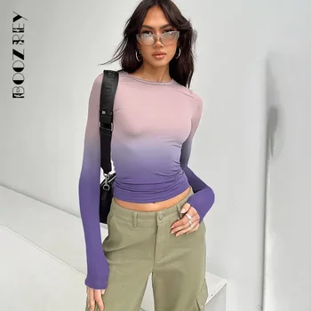 BoozRey Femei Casual O De Gât Gradient Maneca Lunga Slim Toamna Iarna T-Shirt 2023 Moda Strâmți De Streetwear De Bază De Bază Topuri