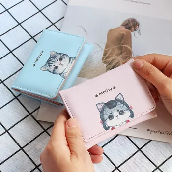 Chikage Pisica Drăguț de Imprimare Multi-card Card Sac Tendință de Moda Doamnelor Scurt de Trei Ori din Piele Pu Portofel Multi-funcție Geanta