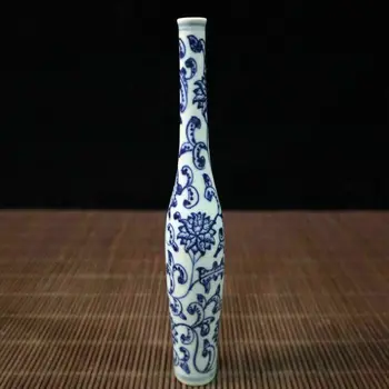 Chinezii vechi de porțelan Albastru și alb încurcat lotus gât lung vaza mica
