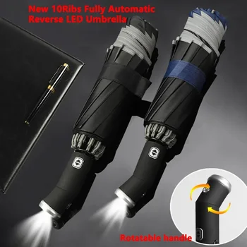 Complet Automat Inversă Pliere Umbrela Cu Lanterna LED-uri 10Ribs Windproof Benzi Reflectorizante UV Umbrele Pentru Soare Sau Ploaie Zi