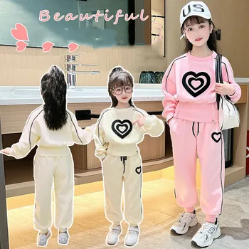 Coreean Primavara Toamna pentru Copii Fată Costum de Sport Adolescent de Dragoste Fata Model O-gât Hanorac+pantaloni de Trening Copil Fata 2 buc Costum
