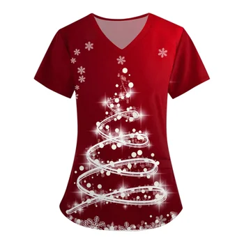 Crăciun Nursing Scrubs T-Shirt, Bluze Casual Short Sleeve V-neck Pocket pentru Femei Halate Uniforme Femei care Alapteaza Îmbrăcăminte S-2xl