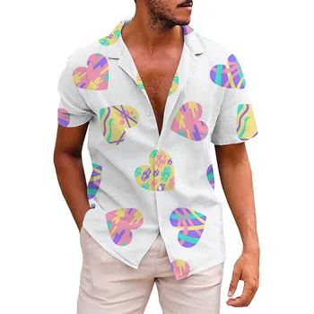 De sex masculin de Ziua Îndrăgostiților Tricouri la Modă Gradient de Dragoste Print Short Sleeve Bluza Rever Butonul Topuri Casual de Vara Streetwear Camisas