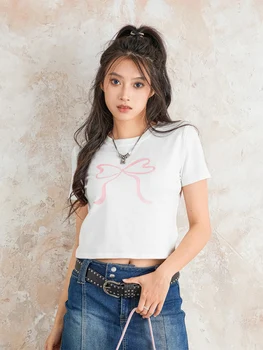 Femei Lolita Arc T-shirt Y2K Copilului Grafic Tee Maneci Scurte Cocheta Estetice Culturilor Topuri de Moda Fata