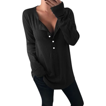 Femei cu Maneci Lungi Butonul V Gât T-Shirt Bluza Casual Ladies Vrac Solid Pulover Elegant Topuri S-2XL Pentru Transport Gratuit 2023