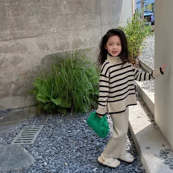 Fetelor Set de Toamnă Uzura pentru Copii coreean Dungi Lână Set de Înaltă Gât pulover Pulover+Pantaloni Largi Picior Două Bucata Set