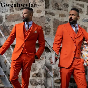 Gwenhwyfar Portocaliu-deschis Gri Bărbați Costume Adaptate 3 Buc Sacou Vesta Pantaloni Mare a Atins Rever Singur Pieptul Nunta Slim Custome