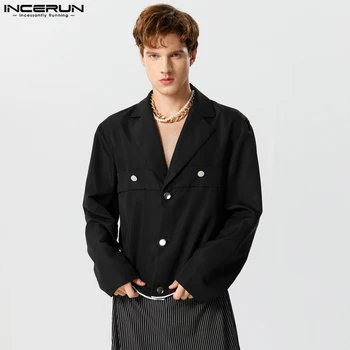 INCERUN Topuri 2023 Stil American Chipeș Noi Bărbați Tiv Curbat Design Costum Jachete Casual Culoare Solidă Sacou cu Mâneci Lungi S-5XL