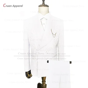 Jacquard Costume pentru Barbati Slim Fit Strălucitoare Șal Rever Blazer Pantaloni Set personalizate de Lux Florale Imprimate de Nunta Costume de Mire