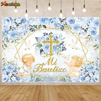 Mocsicka Copii Botez Fundal Băiatul Prima Sfântă Împărtășanie Partid Decor Fundal Mi Bautizo Banner Studio Recuzită Flori Albastre Înger