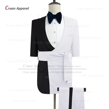 Negru clasic Alb Despicare Costum Pentru Bărbați Cină Formală Slim Fit Costume Banchet de Moda cu Maneci Scurte Sacou Pantaloni 2 buc