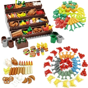 Piața produselor alimentare de Afișare Rack City MOC Blocuri de Pâine, Chips-uri Friptura de Pui cu Fructe de mare Coș cu Fructe Cărămizi de Jucărie Compatibile Cu LEGO