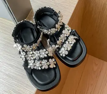 Picătură de Transport maritim Noi Fetele Negru Bling Bling Cristal de Diamant Florale Sandale cu Platforma Femeie de 35 mm Grosime Talpa sandale Pantofi Casual