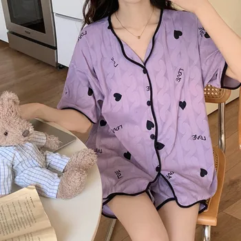 Primavara-Vara Pijamale Pentru Femei Dragoste Inima Apple Imprimare Homewear Set Proaspăt Drăguț Două Bucăți De Sex Feminin Acasă Costume Casual Pijamale