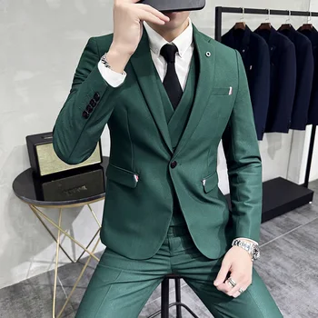 ( Sacou + Vesta + Pantaloni ) High-end Stil coreean Lână Subțire Bărbați Costum Verde Culoare Solidă Rochie de Mireasa Mirele de Trei Seturi de piese