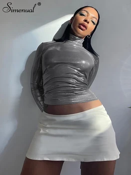 Simenual Argint Metalic Femei de Top Trend Guler Complet Maneca Slab Cutat Simplu T-shirt de Primăvară Body Joggeri Utilaje