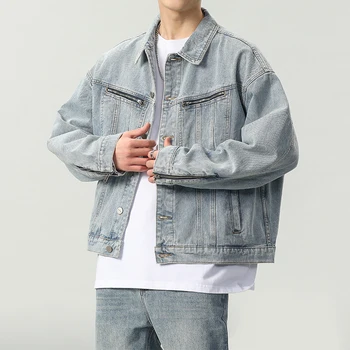 Streetwear Jachete din Denim pentru Barbati Moda Hip-Hop cu Fermoar Epocă de Lumină Albastră Haină Liber Casual Simplu se Spală Blugi Sacou