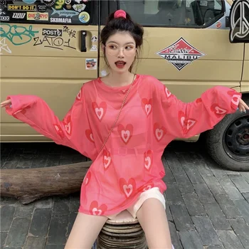 Supradimensionate Tricouri Femei Îmbrăcăminte de Imprimare Maneca Lunga Vara Teuri de Moda Tifon Vedea Prin Topuri coreean Sexy Casual Tricou