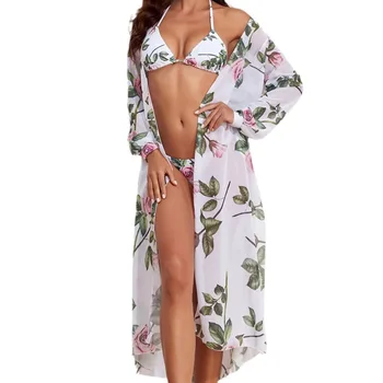 Vara Set De Bikini Femei Florale Imprimate De Înaltă Talie Costum De Baie Cu Maneci Lungi Acoperi Imprimare Trei Piese Costum De Baie