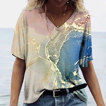 Vară Nouă de Aur Texturate 3D de Imprimare T-shirt Streetwear Femei V-neck Moda Tricou Femeie Supradimensionate Y2k Topuri de sex Feminin Teuri de Îmbrăcăminte